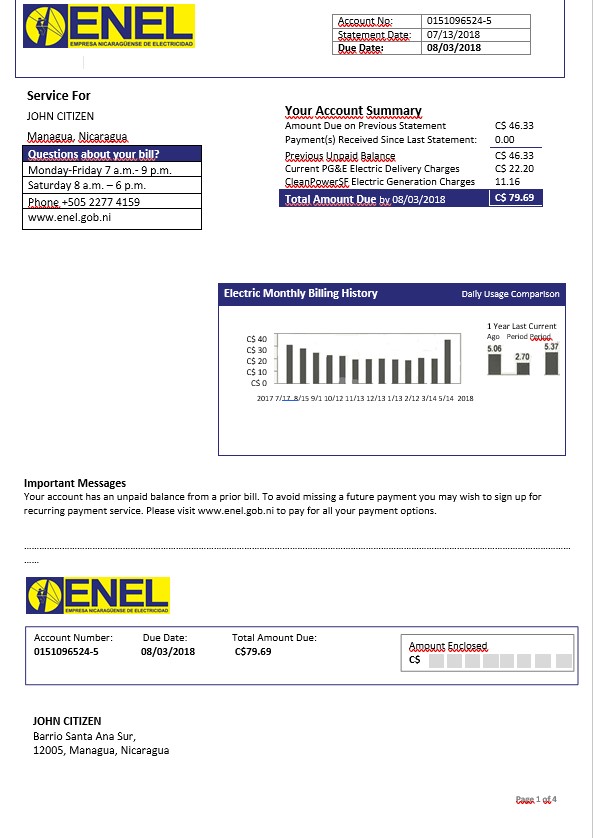 Nicaragua Nicaraguan Electricity Company ENEL electricity bill template in Word format
